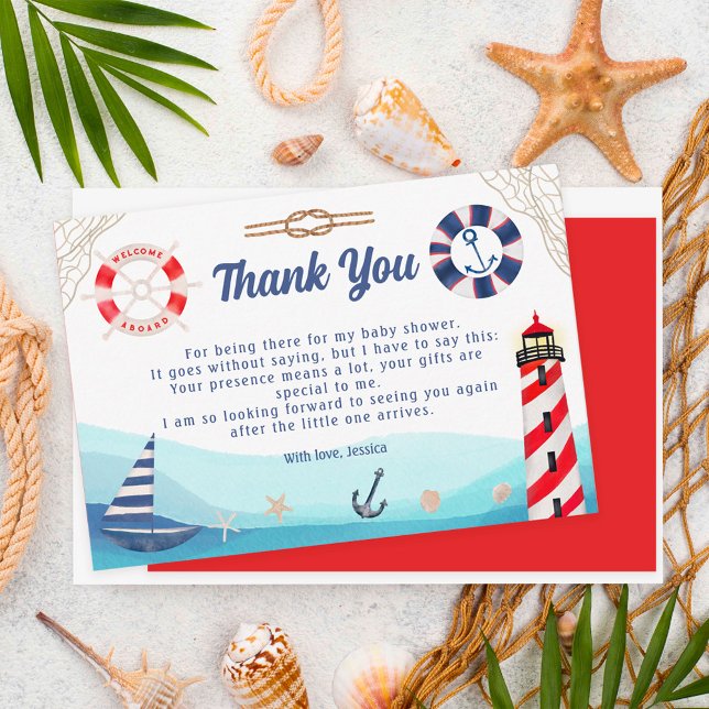 Carte De Remerciements Bateau nautique phare bleu baby shower rouge (Créateur téléchargé)