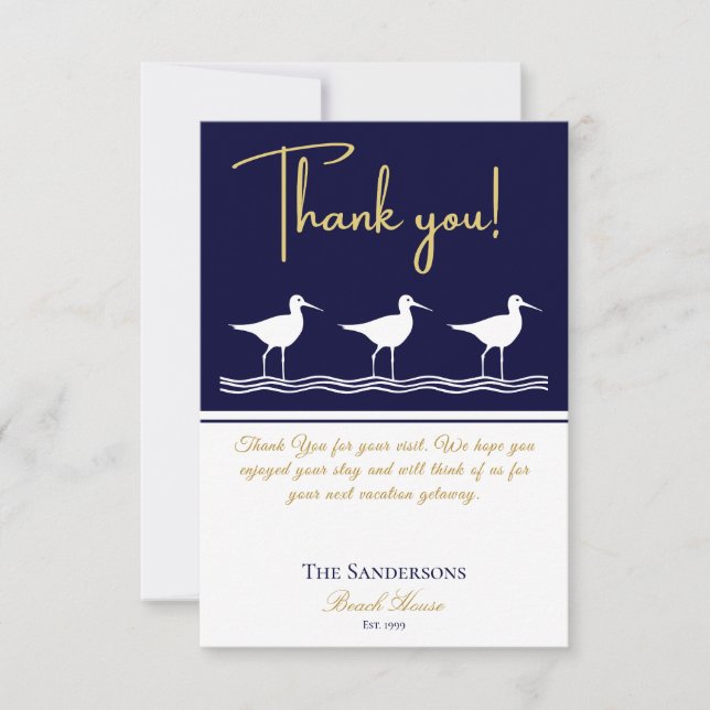 Carte De Remerciements Beach house bleu marine Sandpipers (Devant)