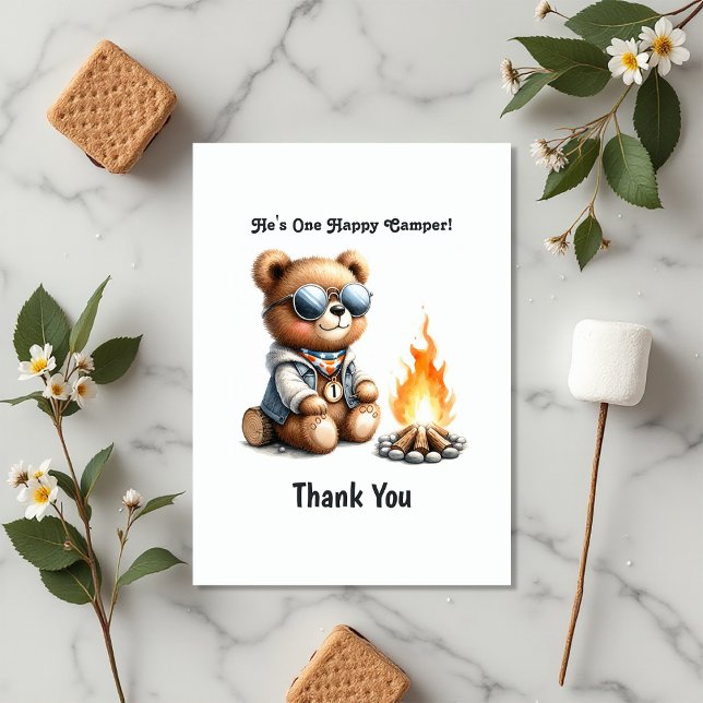 Carte De Remerciements Bear Camping garçon "One Happy Camper" 1er anniver (Bear Camping Boy "One Happy Camper" 1st Birthday Thank You Card)