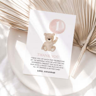 Carte De Remerciements Béary 1er Anniversaire Ours Pink Balloon