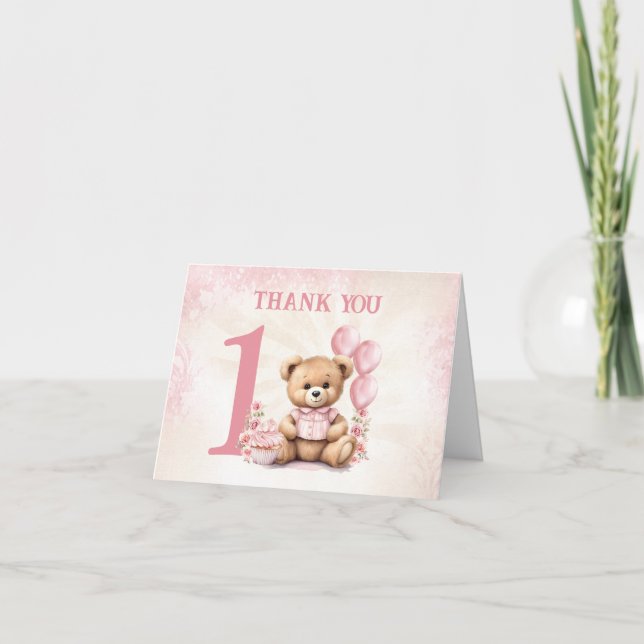 Carte De Remerciements Beary 1er Anniversaire rose Nombre Ballons Teddy B (Devant)