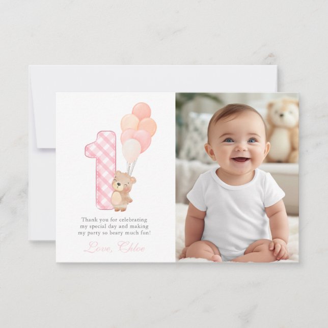 Carte De Remerciements Beary First Teddy Bear Girl Birthday Party guest (Devant)
