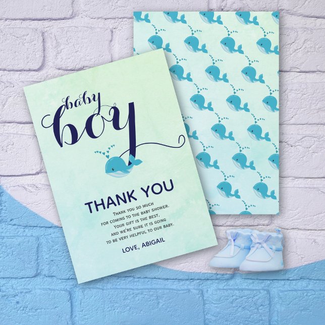 Carte De Remerciements Beau Baby shower à thème océanique de baleine bleu (Créateur téléchargé)