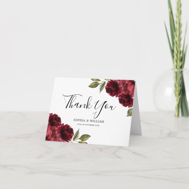 Carte De Remerciements Beau Elégant Mariage de Fleurs Rouges Bourgogne (Devant)