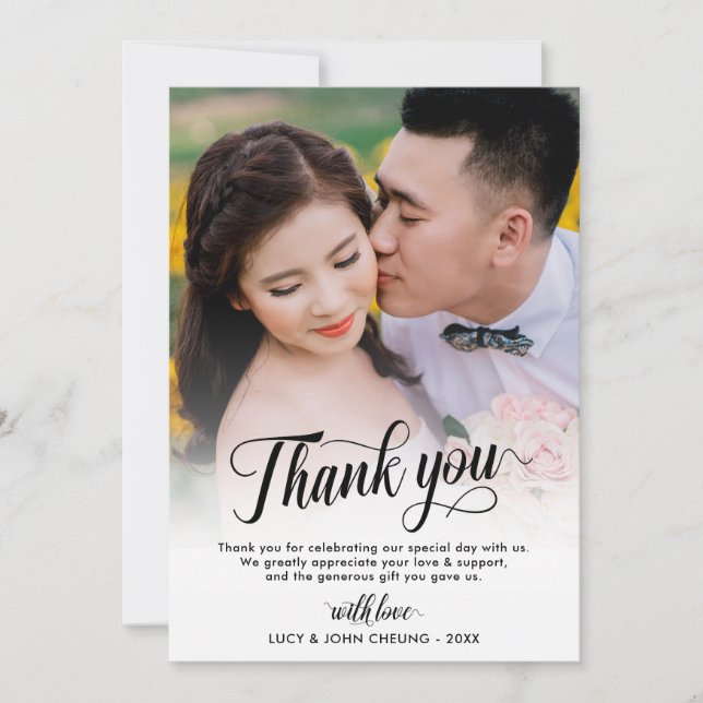 Carte De Remerciements Beau mariage de photo de manuscrit (Devant)