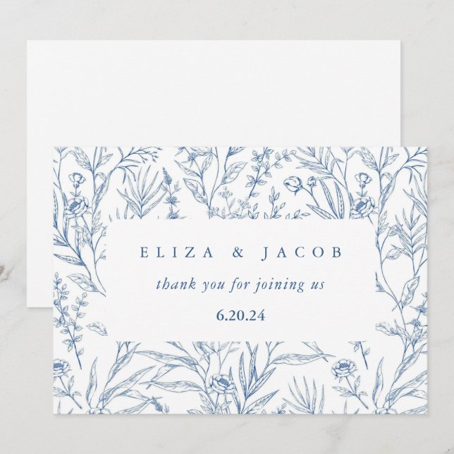 Carte De Remerciements Beau Mariage Floral Bleu et Blanc (Devant / Derrière)