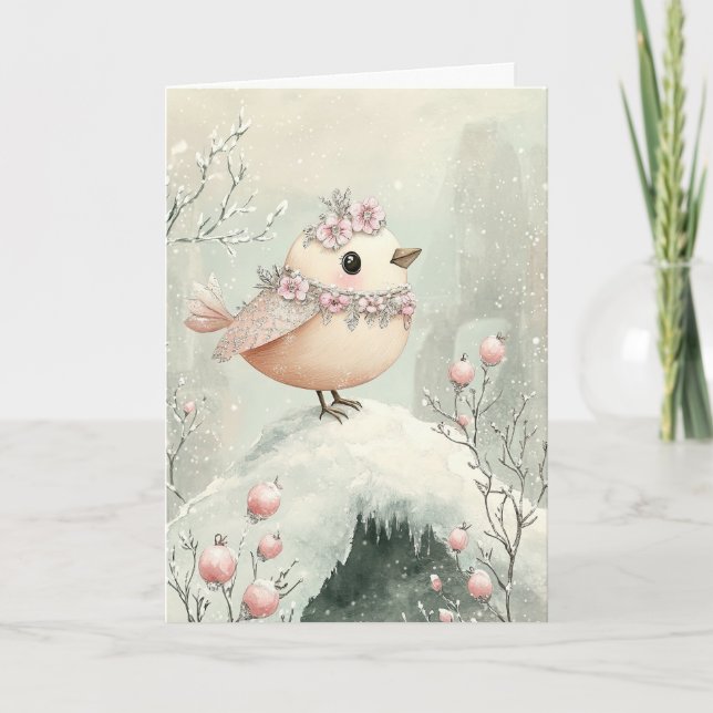 Carte De Remerciements Beau rose Noël oiseau noir (Devant)