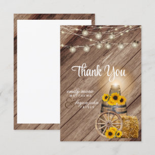 Carte De Remerciements Beau tonneau en bois rustique et tournesols