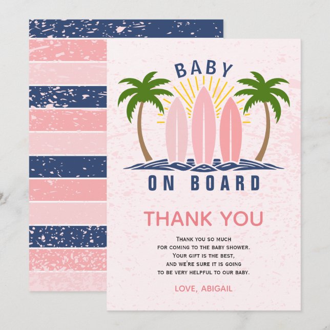 Carte De Remerciements Bébé à bord surf splash rose bébé douche (Devant / Derrière)