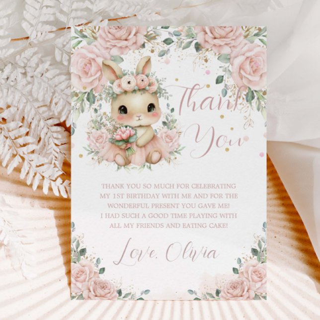 Carte De Remerciements Bébé adorable Lapin Lapin Blush 1er 2e Anniversair (Créateur téléchargé)