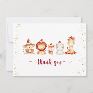 Carte De Remerciements Bébé Animaux en Casquettes de la fête rouge