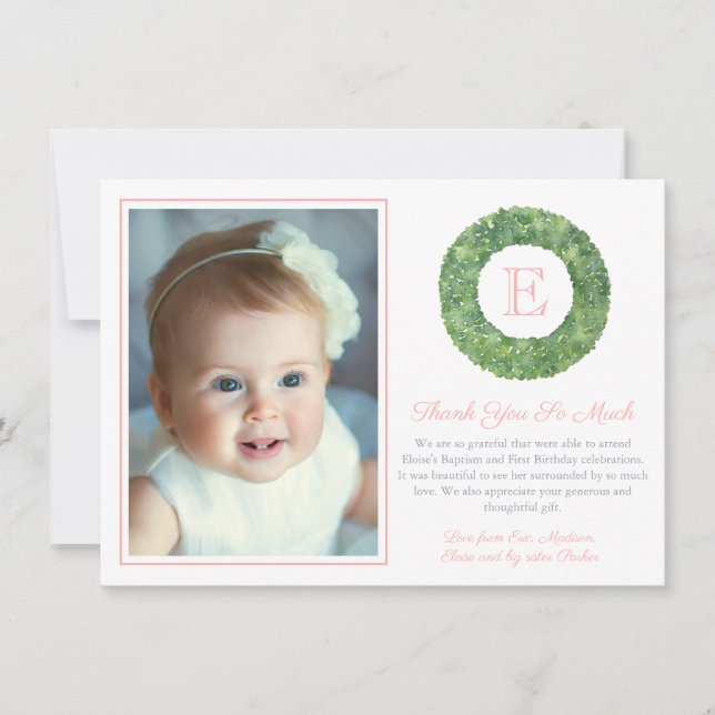 Carte De Remerciements Bébé Baptême Fille Anniversaire Chic Boxwood Monog (Devant)