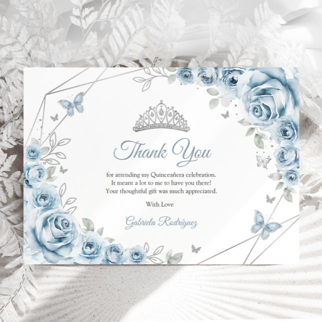 Carte De Remerciements Bébé Bleu Argent Floral Quinceanera (Créateur téléchargé)