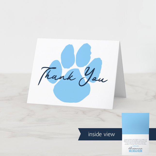 Carte De Remerciements Bébé Bleu & Blanc Paw Graduation Plier (Baby Blue, Navy and White Pawprint Folding Thank You Cards)