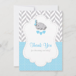 Carte De Remerciements Bébé Bleu, Éléphant Gris Blanc