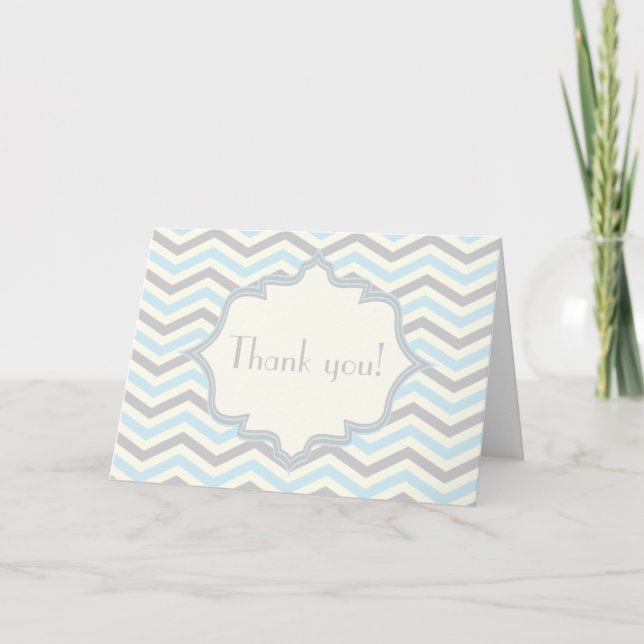 Carte De Remerciements Bébé bleu moderne, grey, ivory chevron (Devant)