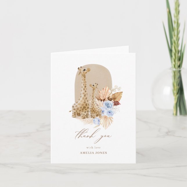 Carte De Remerciements Bébé Bleu Pampas Grass Baby shower de girafe (Devant)