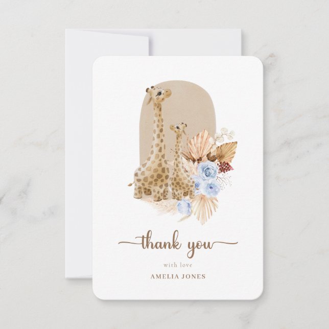 Carte De Remerciements Bébé Bleu Pampas Grass Baby shower de girafe (Devant)