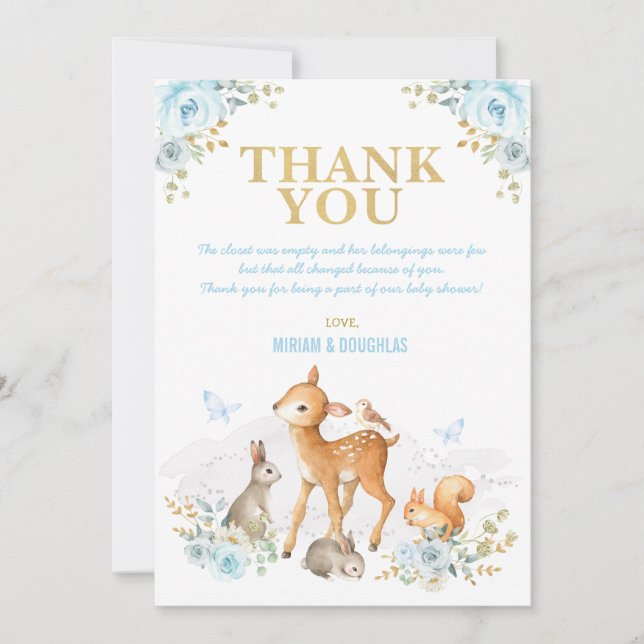 Carte De Remerciements Bébé bleu poussiéreux de forêt d'animaux de région (Devant)
