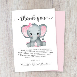 Carte De Remerciements Bébé Eléphant mignon Douche fille