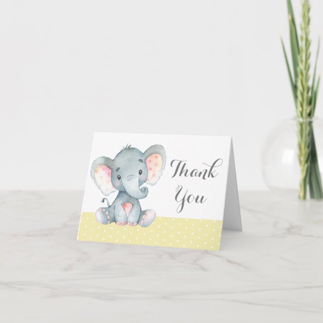 Carte De Remerciements Bébé éléphant mignon jaune et gris (Devant)