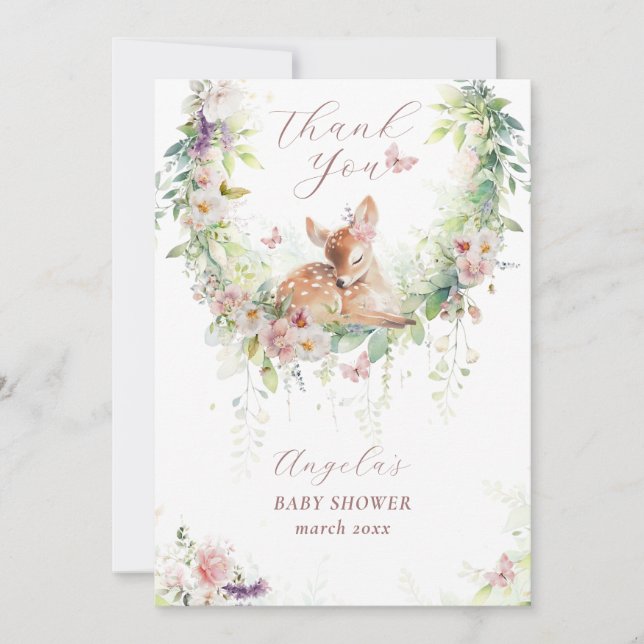 Carte De Remerciements Bébé en Fleur Bois Floral Bébé Fille Douche (Devant)