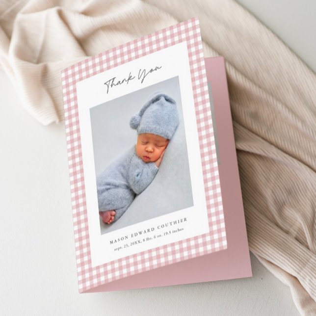 Carte De Remerciements Bébé fille motif vichy rose (Pink Gingham Girls Baby Photo Folded Thank You Cards.)