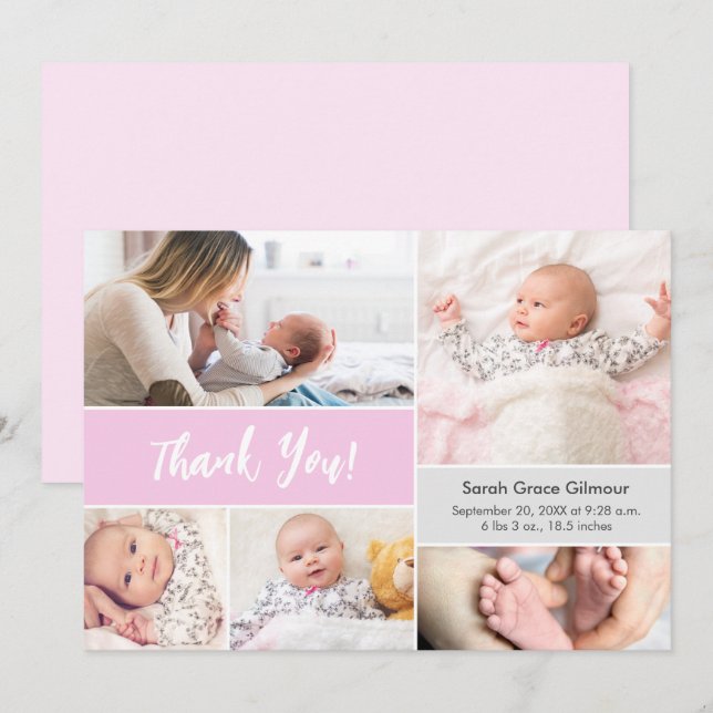 Carte De Remerciements Bébé fille rose Grey Collage photo personnalisé (Devant / Derrière)