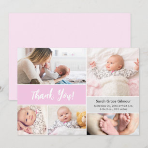 Carte De Remerciements Bébé fille rose Grey Collage photo personnalisé