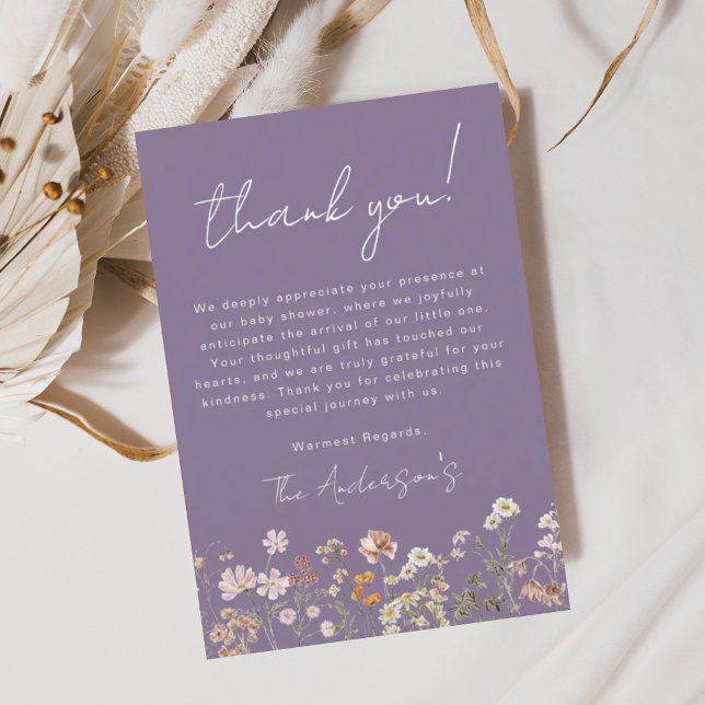 Carte De Remerciements Bébé Fleur sauvage pourpre dans le Baby shower en  (Créateur téléchargé)