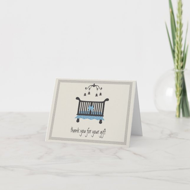 Carte De Remerciements Bébé Garçon élégant Lit bleu et noir (Devant)