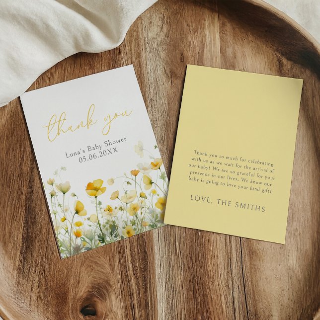 Carte De Remerciements Bébé Jaune En Fleur Baby shower Fleur sauvage plat (Créateur téléchargé)