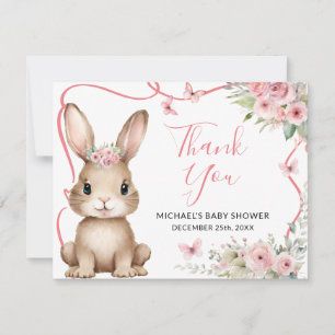 Carte De Remerciements Bébé Lapin Mignon Fille Floral Rose Baptême