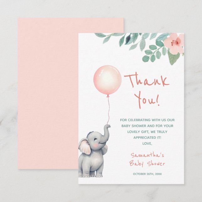 Carte De Remerciements Bébé mignon Eléphant Fille Baby shower de ballon r (Devant / Derrière)