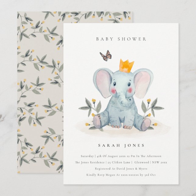 Carte De Remerciements Bébé mignon Eléphant Foliage Baby shower Invitatio (Devant / Derrière)