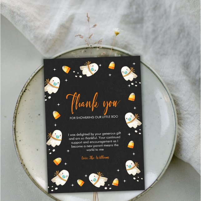 Carte De Remerciements Bébé mignon fantôme Halloween Baby shower d'automn (Cute Baby Ghost Halloween Fall Baby Shower Thank You Card)