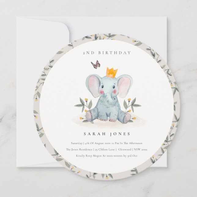 Carte De Remerciements Bébé mignon Foliage éléphant N'importe quel âge An (Devant)