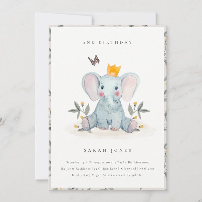 Carte De Remerciements Bébé mignon Foliage éléphant N'importe quel âge An (Devant)