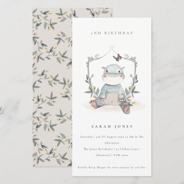 Carte De Remerciements Bébé mignon Hippo Foliage N'importe quel âge Anniv (Devant / Derrière)