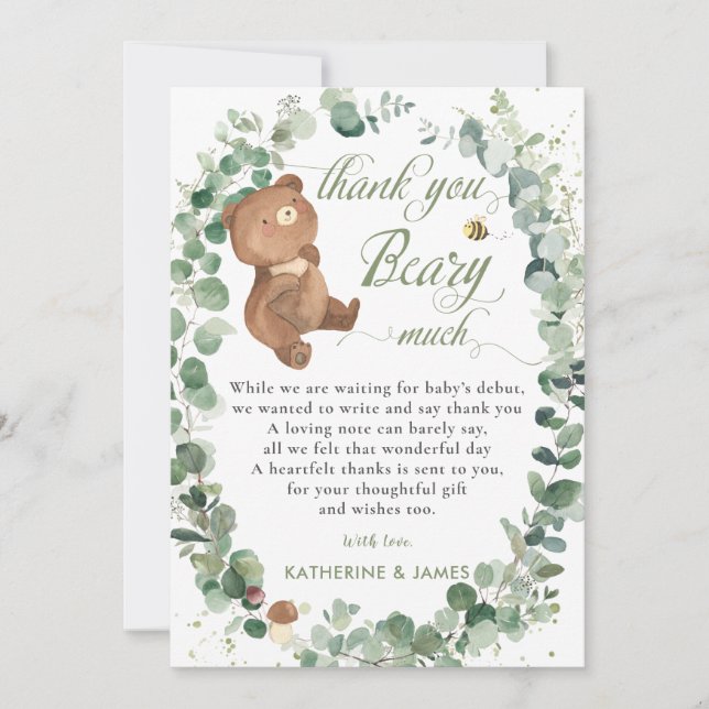 Carte De Remerciements Bébé mignon Ours vert Genre Neutre Douche (Devant)