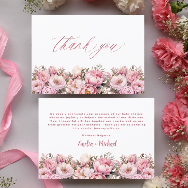 Carte De Remerciements Bébé rose en fleur | Baby shower Floral Peony (Créateur téléchargé)