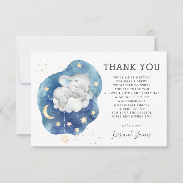 Carte De Remerciements Bébé Shower Éléphant Fantaisie Twinkle Little Star (Devant)