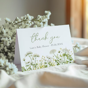 Carte De Remerciements Bébé Vert En Fleur Baby shower Fleur sauvage Plié