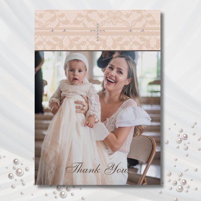 Carte De Remerciements Beige Cross Christian Baptism Photo Thank You Card (Créateur téléchargé)