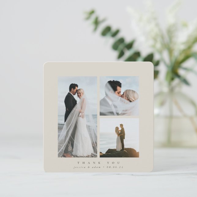 Carte De Remerciements Beige Elegant Carré Trois Photo Mariage plat (Debout devant)