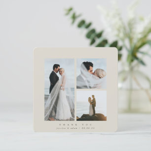 Carte De Remerciements Beige Elegant Carré Trois Photo Mariage plat