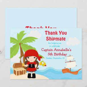 Carte De Remerciements Belle Brunette Pirate Girl Anniversaire