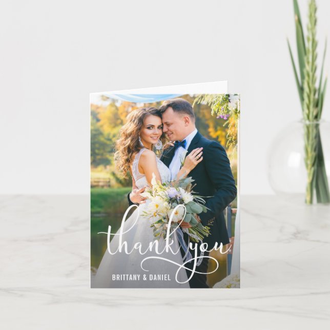 Carte De Remerciements Belle Calligraphie Script Mariage Photo Note (Devant)