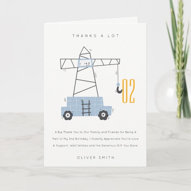 Carte De Remerciements Belle Construction Grue Enfants N'Importe Quel Âge (Devant)
