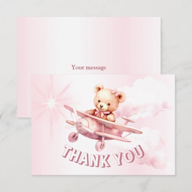 Carte De Remerciements Belle fille Bébé Ours Pilote Avion Rose Belle (Devant / Derrière)